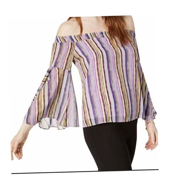 OFF Shoulder Striped Top with Bell Sleeves - Picture 1 of 12
